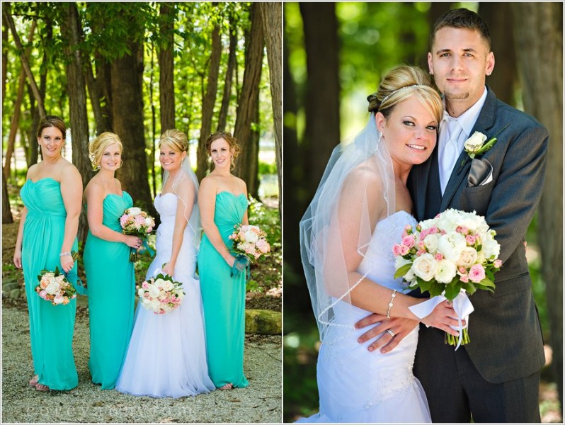 bridesmaids in teal dresses with pink and white bouquets