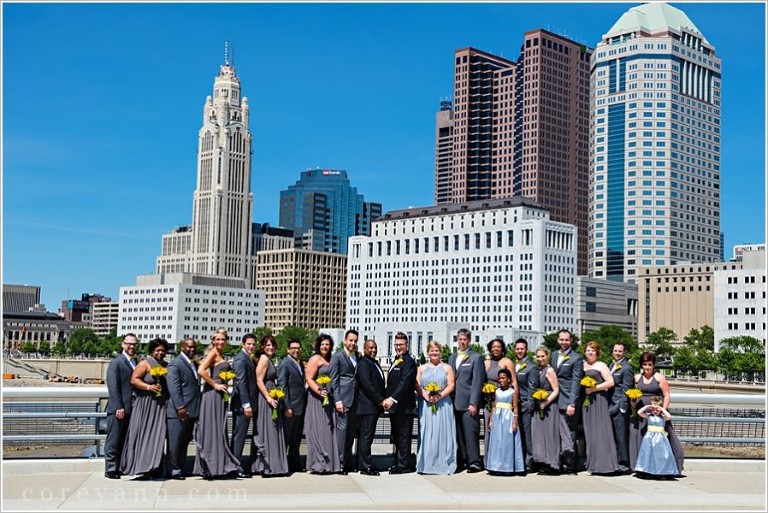 grey and yellow wedding party with columbus skyline
