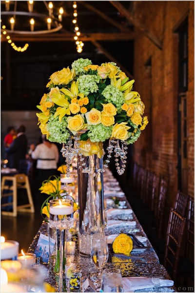 yellow and green centerpieces at head table in columbus ohio