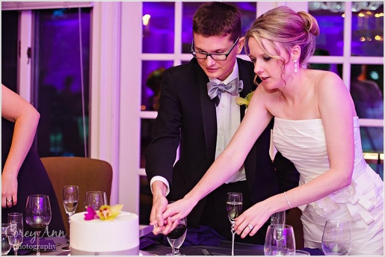 bride and groom cutting their centerpiece cake at Shaker Heights Country Club 