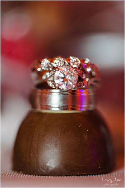 bride and groom wedding rings on chocolate buckeye