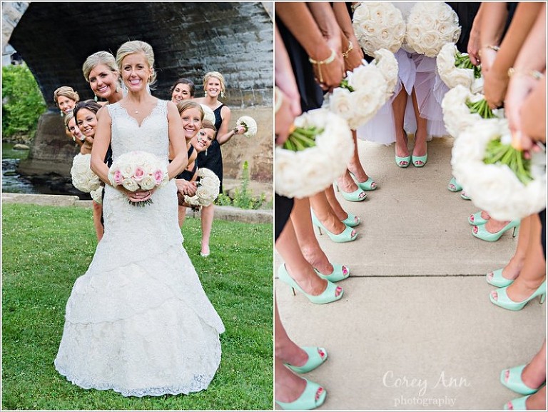 bridesmaids with black dresses white flowers and mint green heels