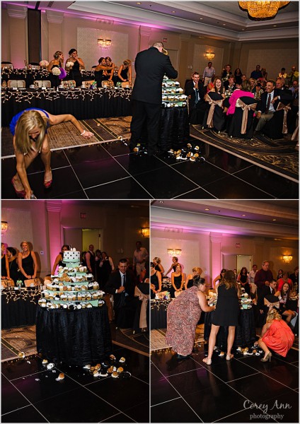 groomsman knocking over cake during wedding entrance
