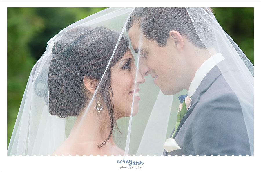 bride and groom underneath veil
