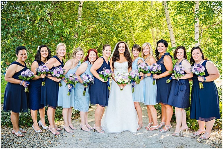 blue and grey bridesmaid dresses with purple flowers 