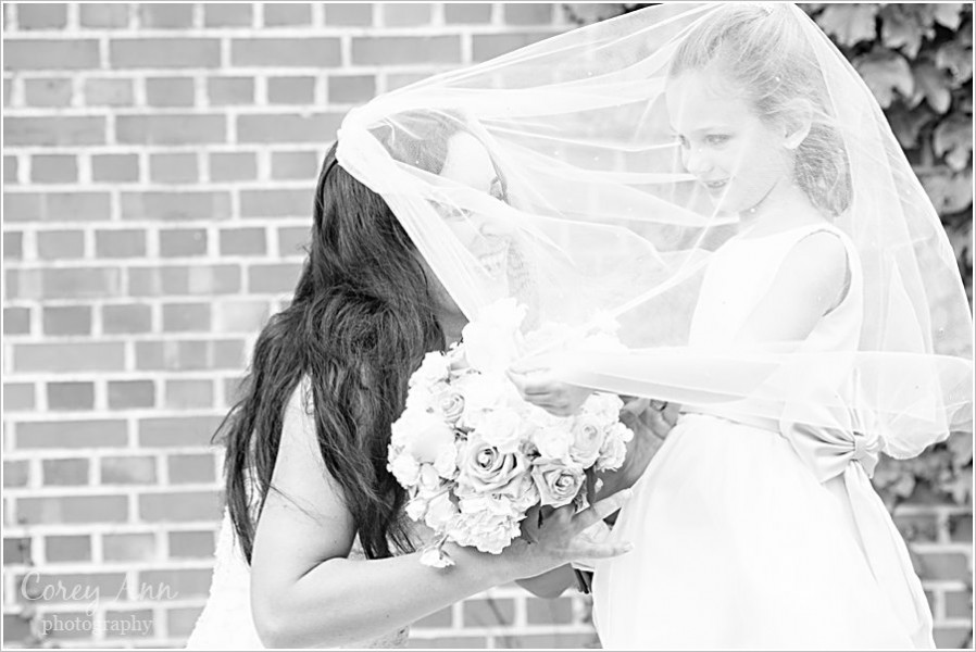 bride with veil over flower girl