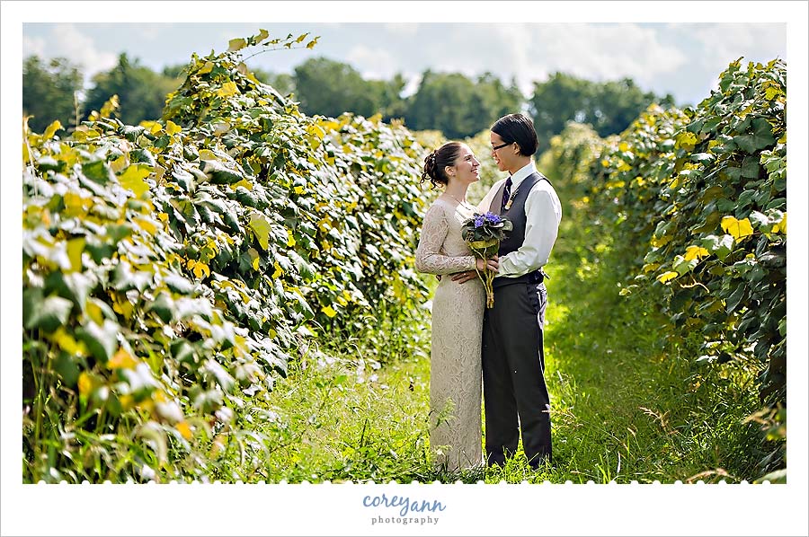 bride and groom pose in vineyard at debonne vineyard in  madison ohio