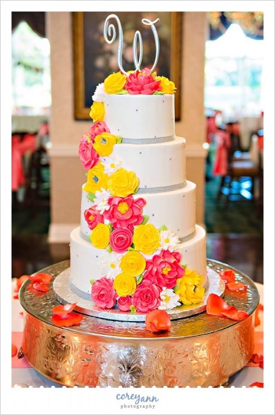 pink and yellow floral wedding cake by west side bakery in ohio