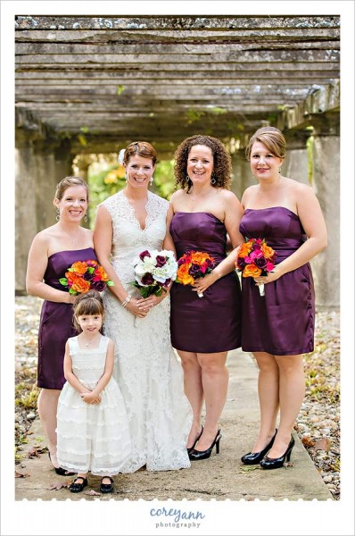 bridesmaids with short purple dresses