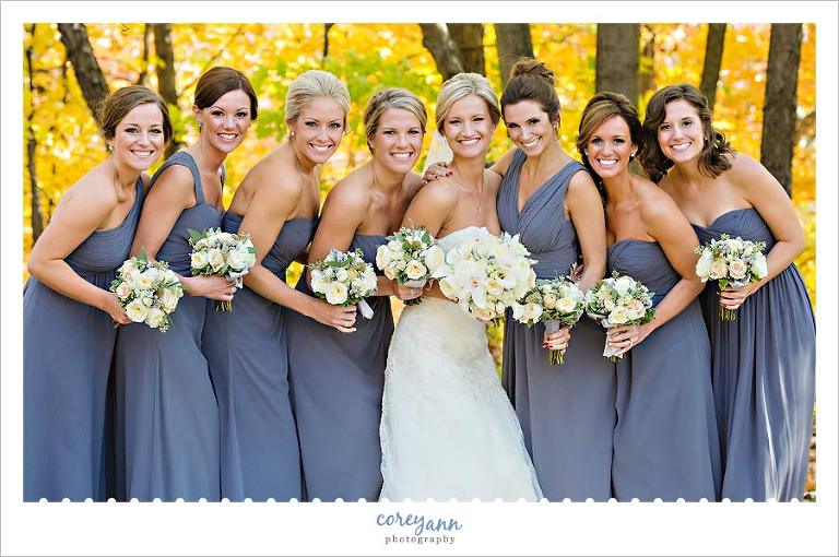 bridesmaids in long pewter dresses in cleveland ohio