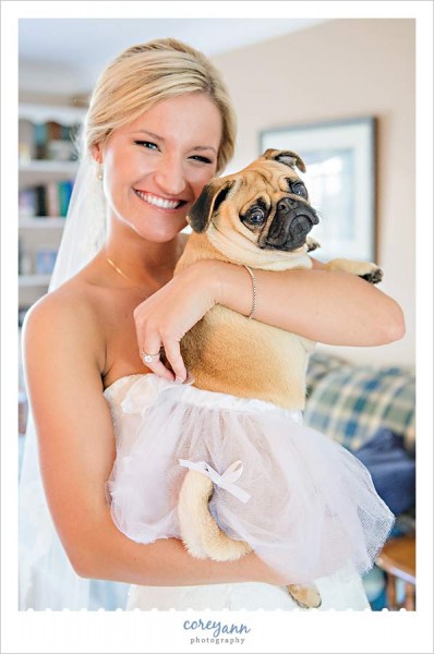 bride with pug dog dressed up in a tutu before wedding