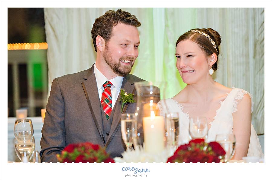bride laughing during wedding reception