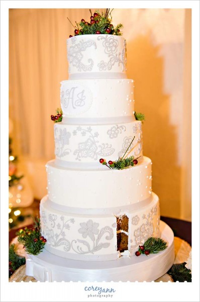 White and silver winter wedding cake with berries 
