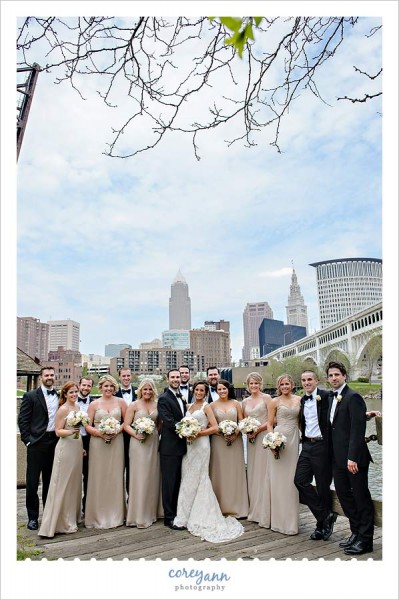 bridal party wedding portrait with cleveland skyline