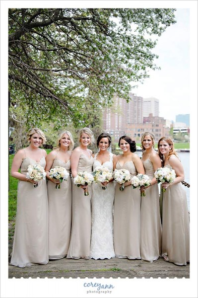 bridesmaids in long lace and chiffon champagne dresses