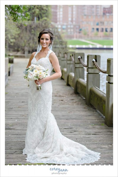 bride in lace gown in downtown cleveland
