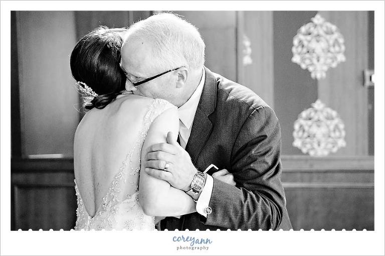 bride's father kissing her after seeing her before wedding