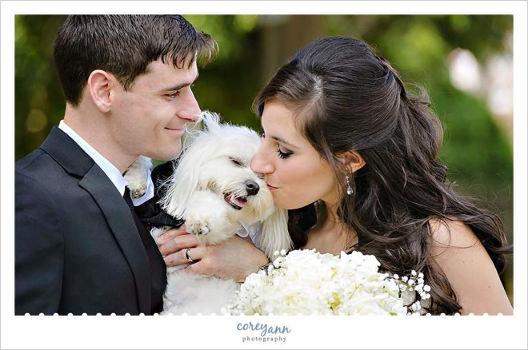 bride and groom picture with their dog on wedding day