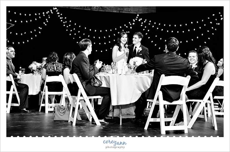 bride and groom giving welcome toast at cleveland public theater wedding