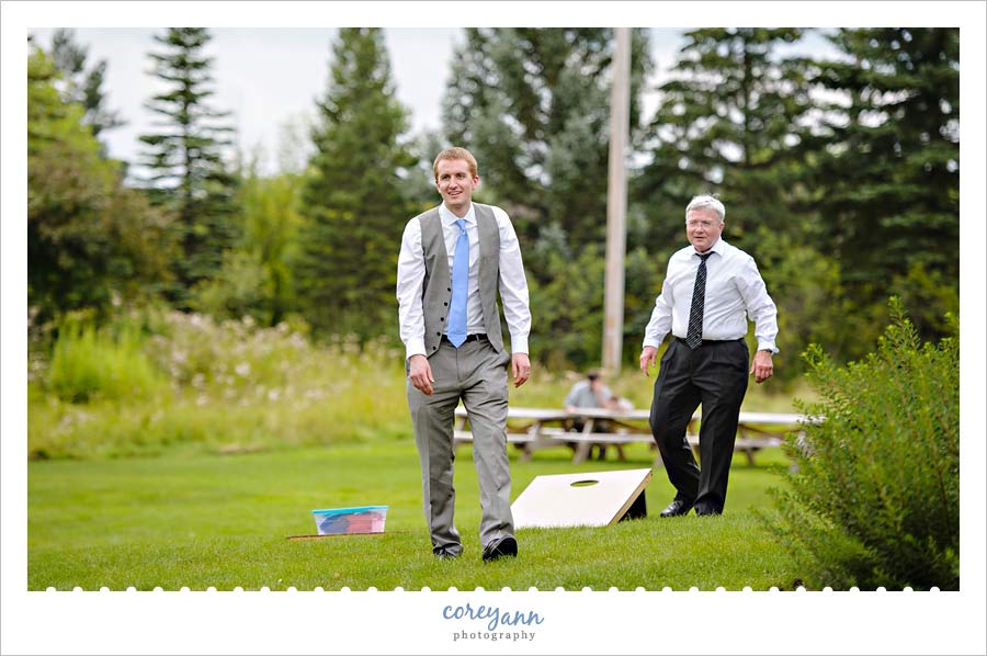 cornhole game during wedding reception