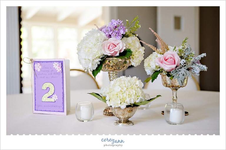 pink purple and gold hydrangea and rose wedding centerpieces 