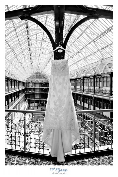 wedding dress hanging at the hyatt in cleveland