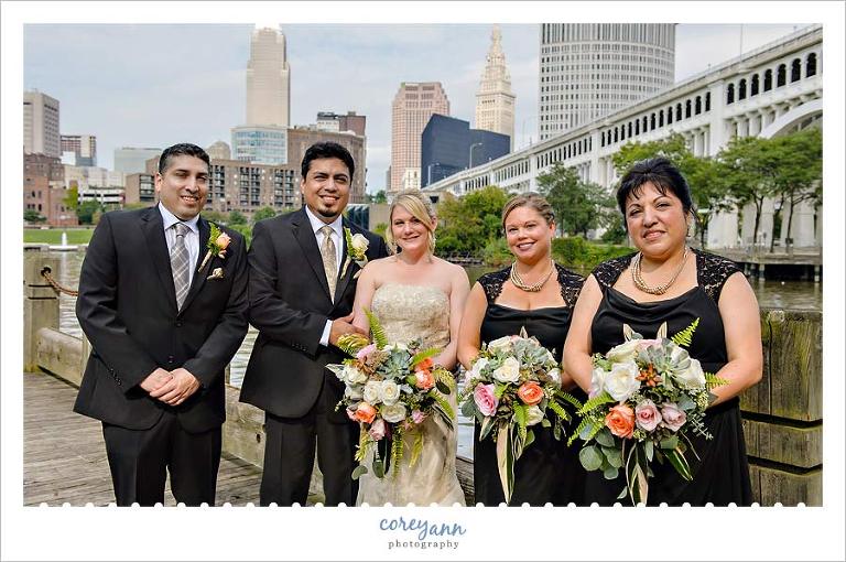 wedding bridal party with skyline in cleveland