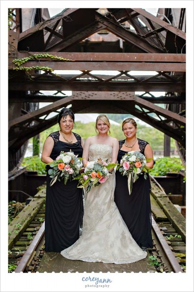bridesmaids on bridge in cleveland