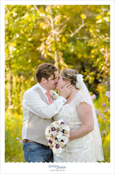 bride and groom at rustic barn wedding in ohio