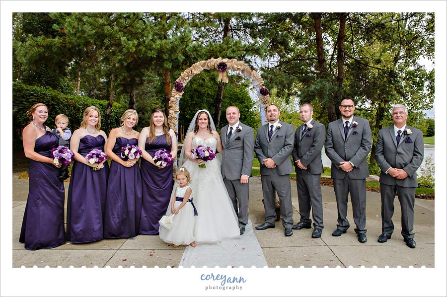 purple and grey bridal party portrait