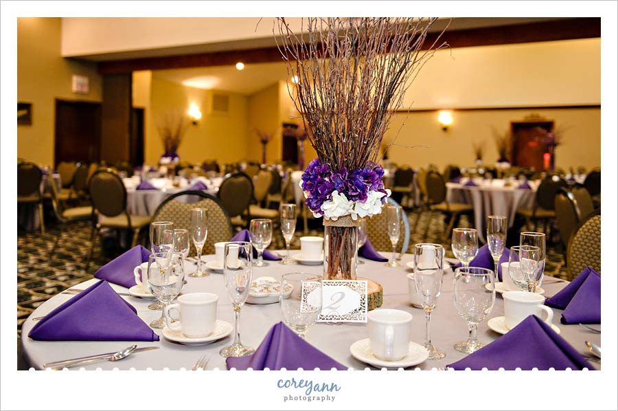 purple wedding reception decor at  williams on the lake in medina