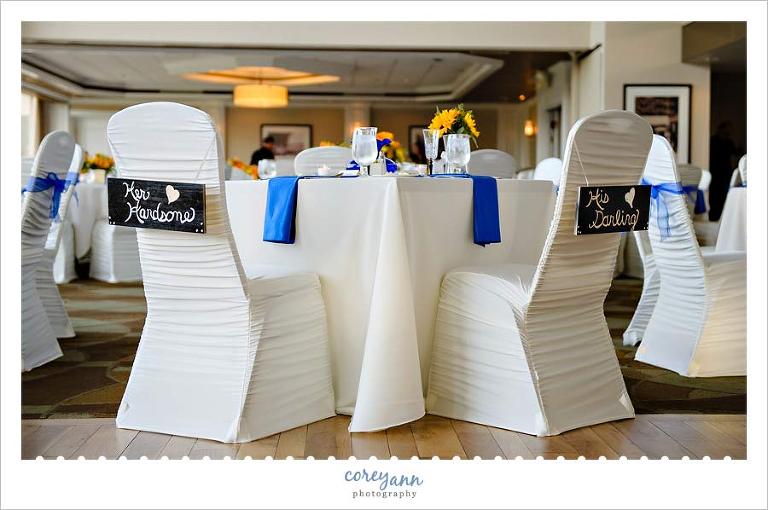 custom signs on chairs for bride and groom at reception