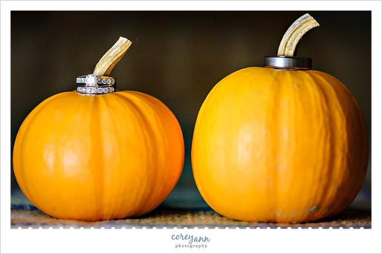 wedding rings on top of small pumpkins