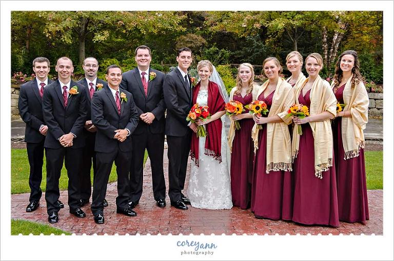 wine and yellow bridal party 