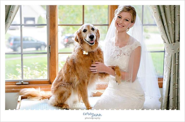 bride and her golden retriever dog