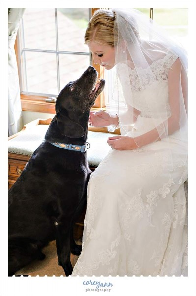 bride with her black lab dog before the wedding