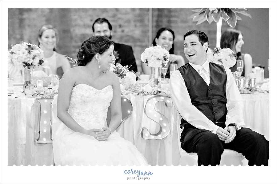laughing during wedding reception toast at windows on the river