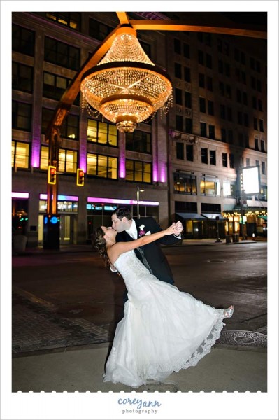 bride and groom wedding portrait at playhouse square chandelier 
