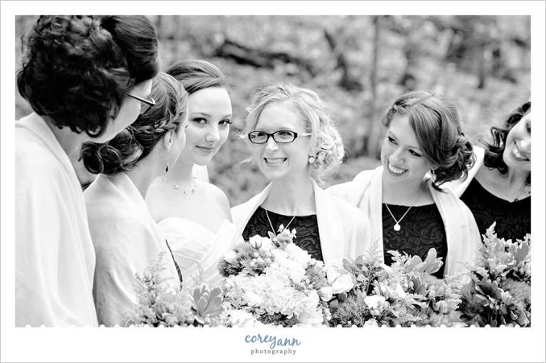 bride and bridesmaids portrait in black and white in youngstown ohio