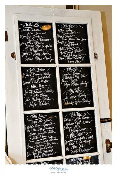 seating chart on panes of glass doors at wedding reception