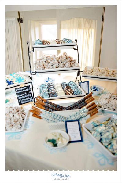 blue and white wedding dessert station