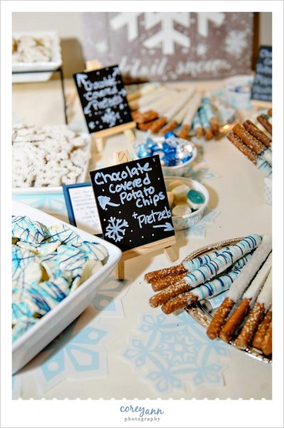 chocolate covered treats in blue and white at wedding reception