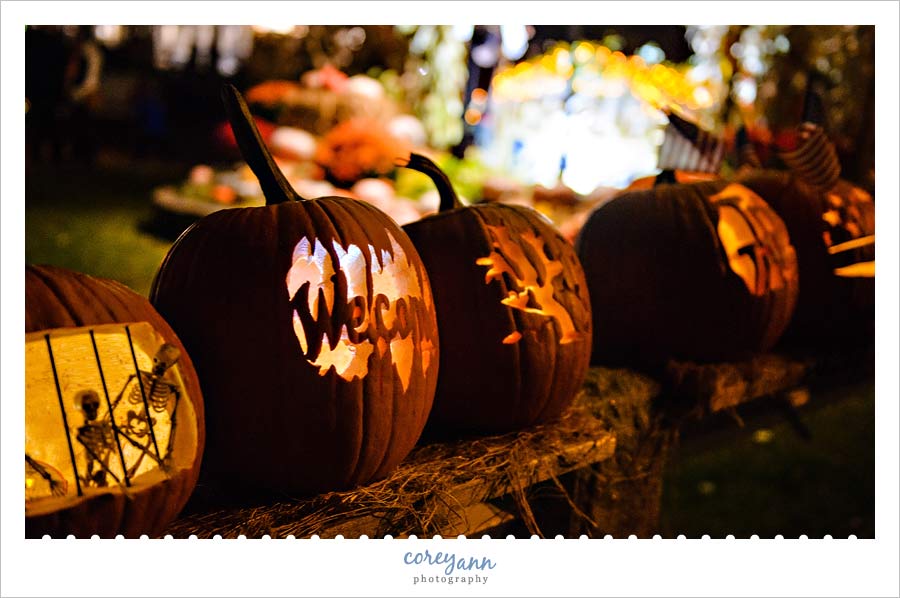 Ornately carved pumpkins alongside the road for Ogunquitfest