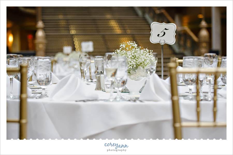 White and Gold Reception Decor at the Hyatt Regency in Cleveland at the Arcade