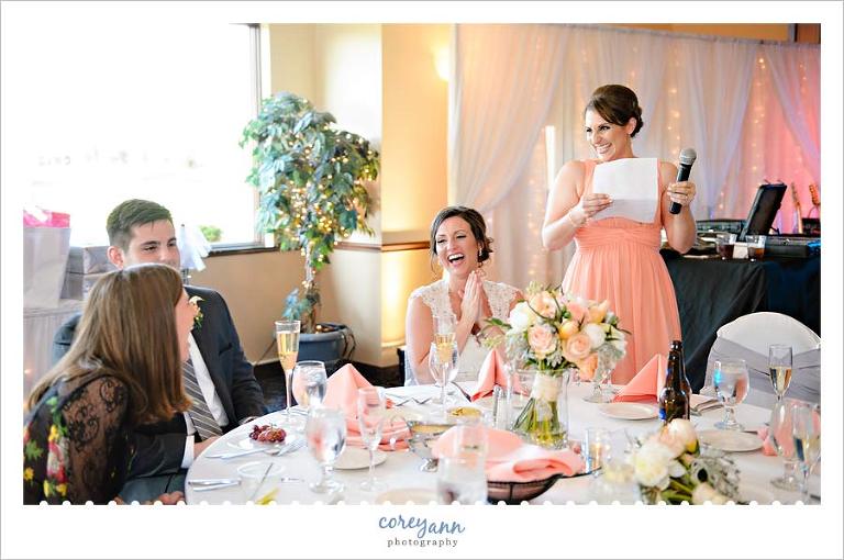 Laughter during Matron of Honor gaffe during toast at Chenoweth Golf course