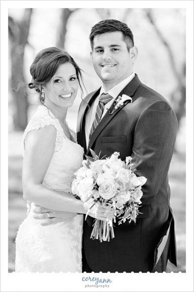 Black and white wedding portrait of a newlywed couple in North Canton