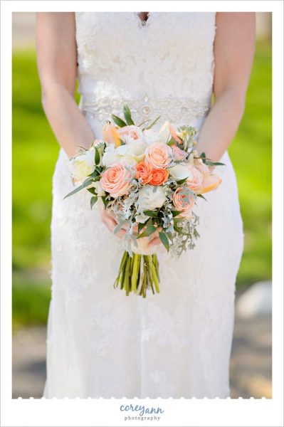 Peach cream green and grey wedding bouquet