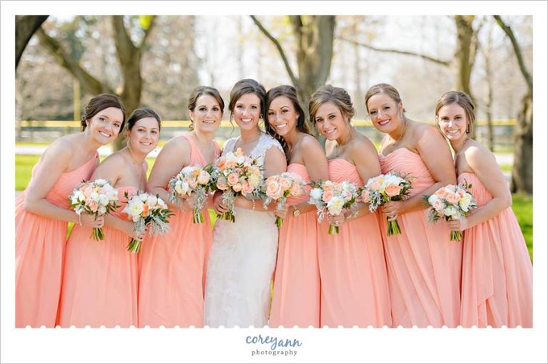 Bride and Bridesmaids in Long peach dresses in North Canton