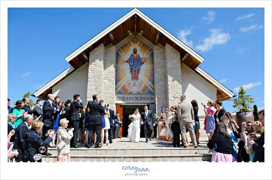 Wedding bubble exit in North Canton from Walsh University