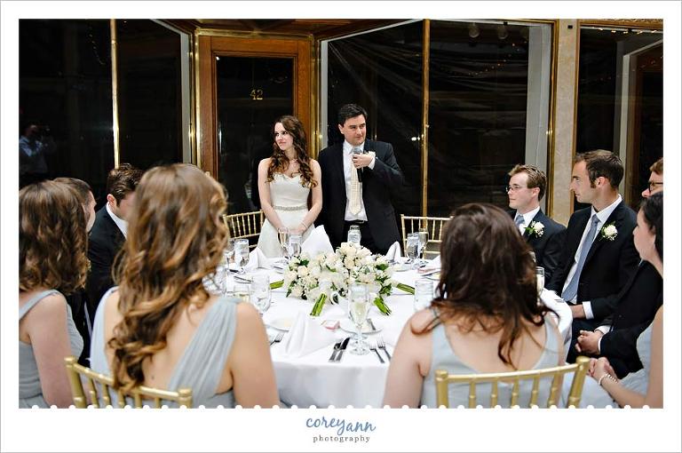 Bride and Groom give wedding toast at Hyatt Arcade Wedding Reception